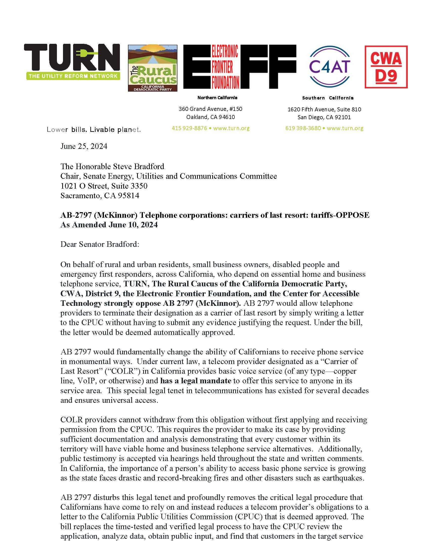 This is a letter addressed to Senator Bradford from multiple organizations including TURN, the Rural Caucus, and others, opposing AB 2797 related to telephone carriers and legal mandates for service.