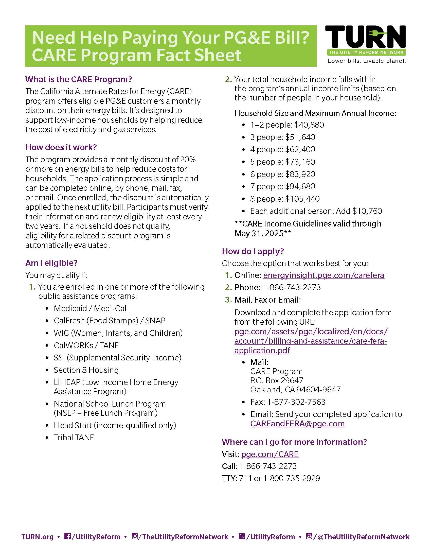 A fact sheet titled "Need Help Paying Your PG&E Bill? CARE Program Fact Sheet" provides information about the California Alternate Rates for Energy (CARE) program, including eligibility, application process, household income guidelines, and how to apply online, by phone, or by mail.