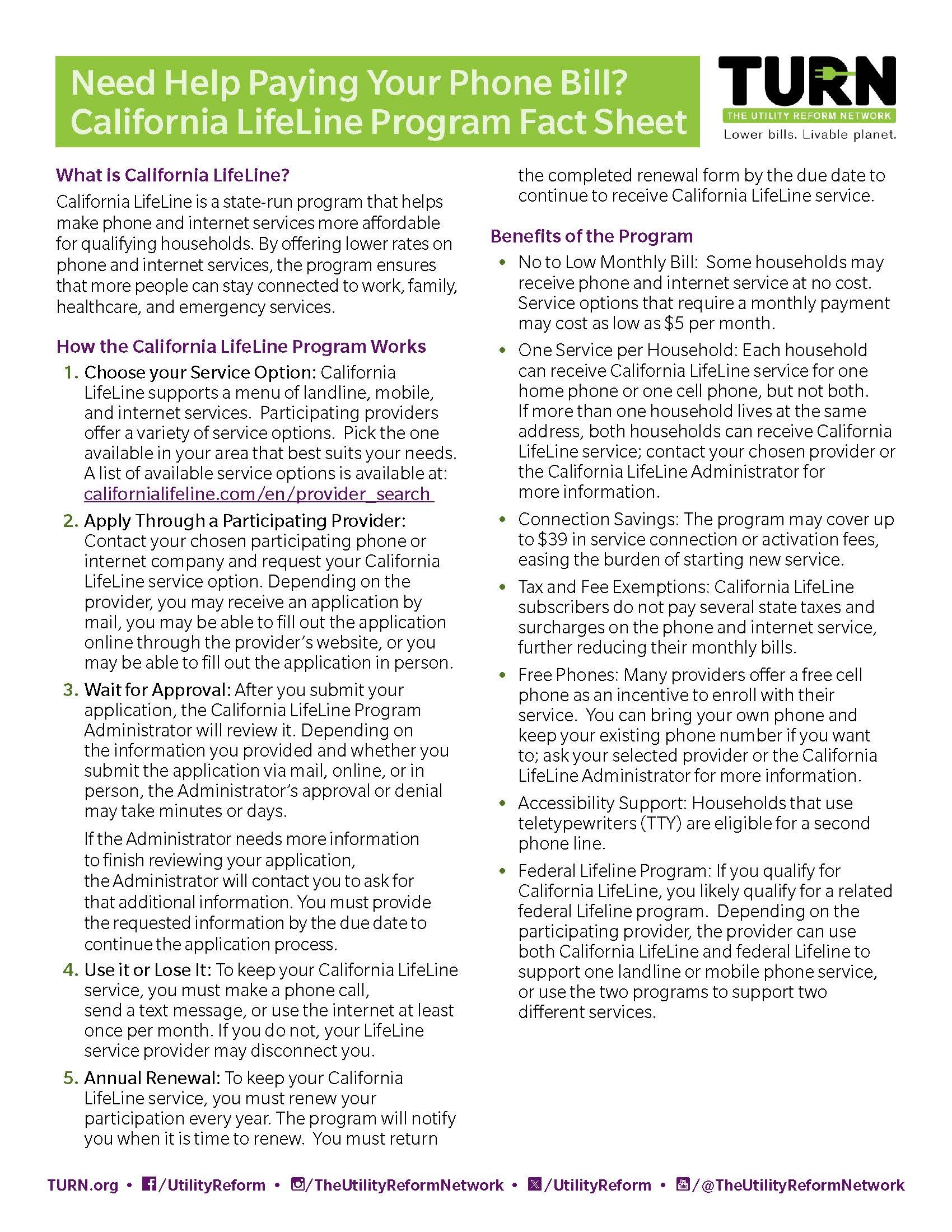California LifeLine program fact sheet providing details on how the program works, benefits, application process, and eligibility for affordable phone and internet services.