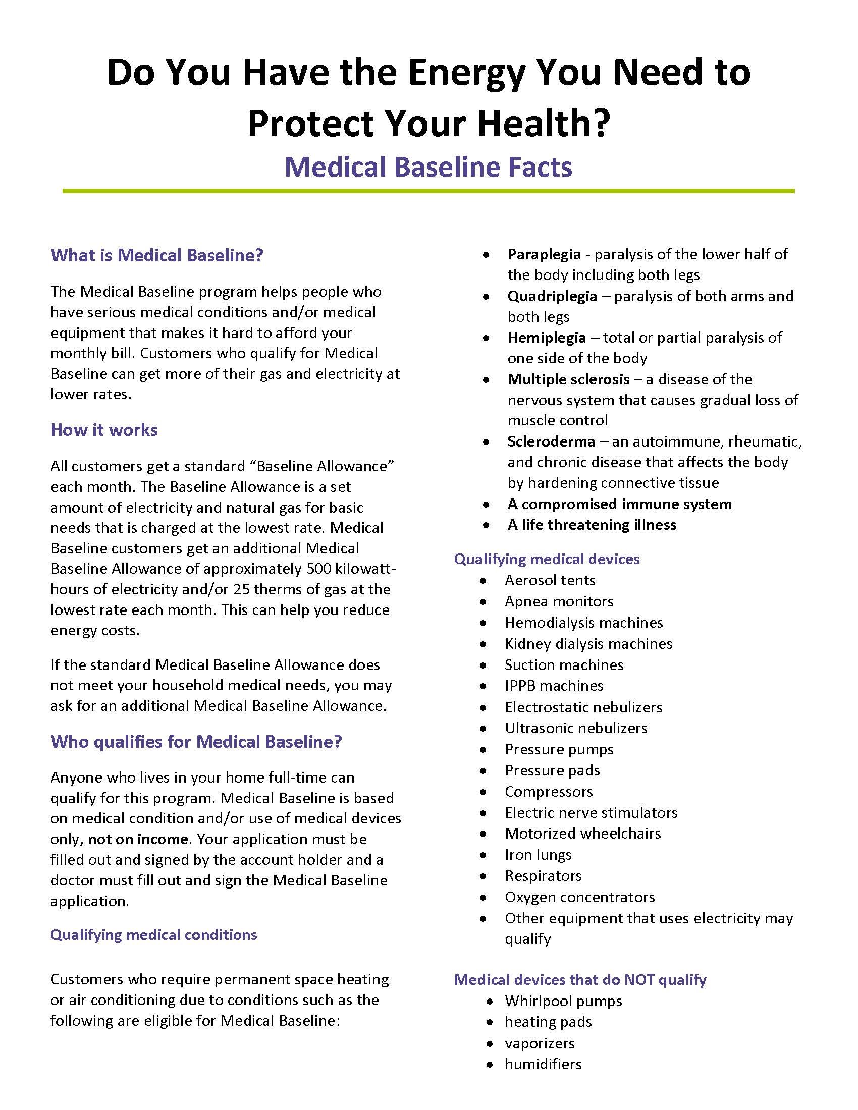 A informational flyer titled 'Do You Have the Energy You Need to Protect Your Health?' discussing medical baseline facts, qualifying medical devices, medical conditions, and conditions that do not qualify for medical baseline, with bullet points elaborating on each topic.